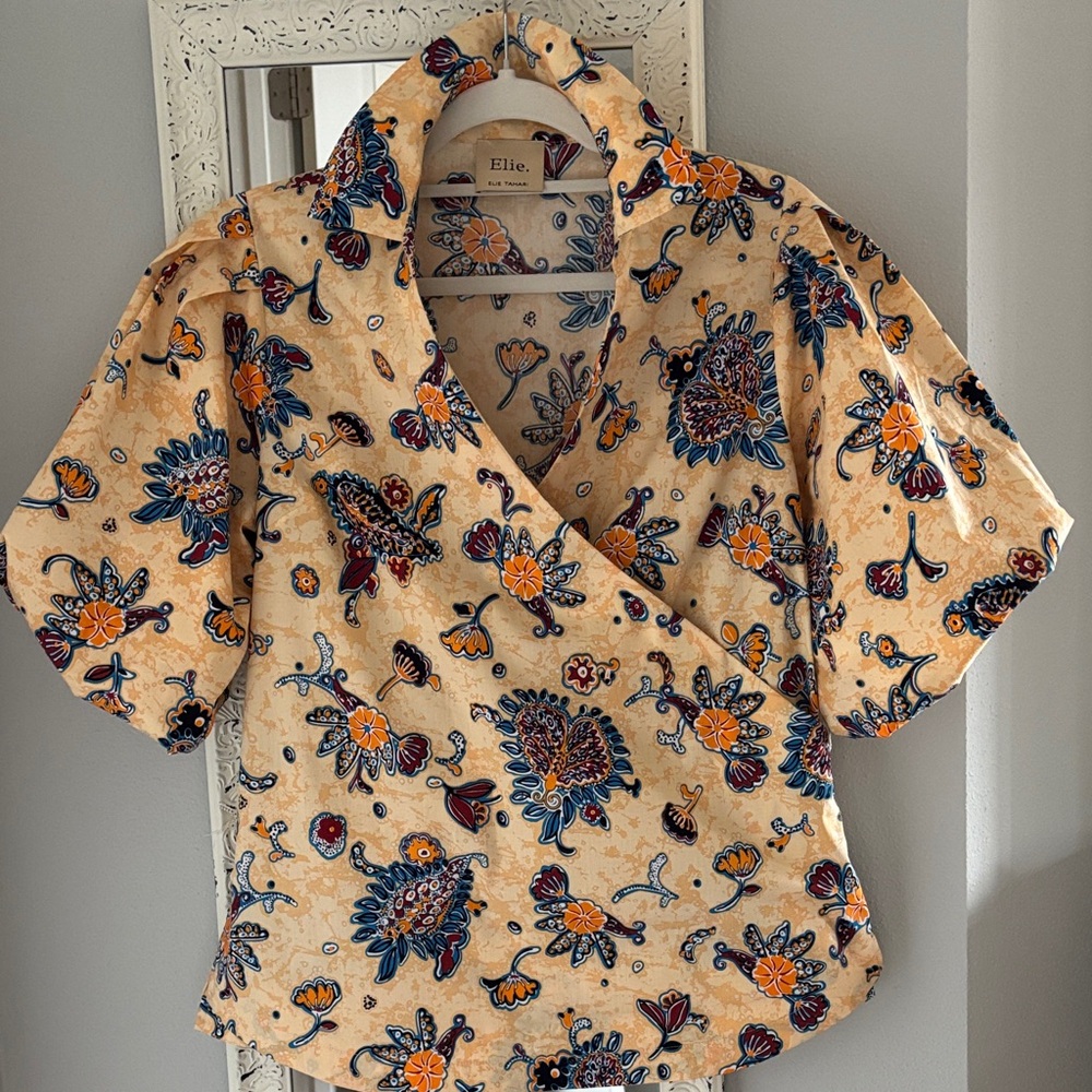 Elie Tahari Cream Floral Wrap Blouse with Navy and Orange Motif